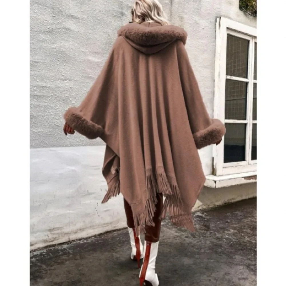 Cozy vegan fur dolman sleeve tssel poncho shawl scarf wrap cardigan - Picture 4 of 16